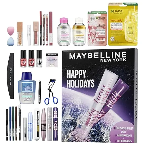 Maybelline Adventskalender 31-Türer 2025 - Mascara und Make-up Adventskalender mit 31 Überraschungen, inklusive 26 Originalprodukten und 5 Goodies von Maybelline und Garnier – perfekt für Beauty-Liebhaberinnen, die den Dezember stilvoll genießen möchten.