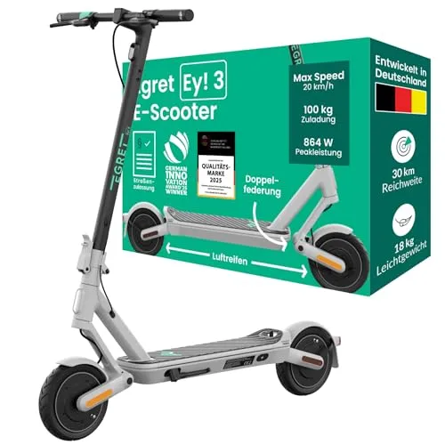 EGRET Ey! 3 E-Roller - 9 Zoll, Ice Grey, faltbar und leicht mit Anti-Shock Vollfederung für höchsten Fahrkomfort und bis zu 30 km Reichweite