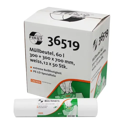 Emil Deiss 36519 Müllbeutel 60 L - 12 Rollen mit Easy Opener - Müllbeutel aus reißfester PE-HD-Spezialfolie, besonders stabil und einfach zu handhaben mit patentiertem Easy Opener für effizientes Handling. Ideal für den täglichen Gebrauch!