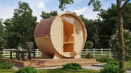 Karibu Fasssauna naturbelassen - Wellness im eigenen Garten - Fasssauna aus 38 mm nordischer Fichte, ideal für entspannende Stunden im Garten. Genügend Platz mit 2 Saunabänken und witterungsgeschütztem Dach.