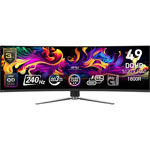 MSI MPG 491CQPXDE QD-OLED Gaming-Monitor - 49 Zoll DQHD Curved Gaming-Monitor mit 240Hz Panel für flüssige Gameplay-Erlebnisse und USB-C Anschluss für vielseitige Konnektivität.