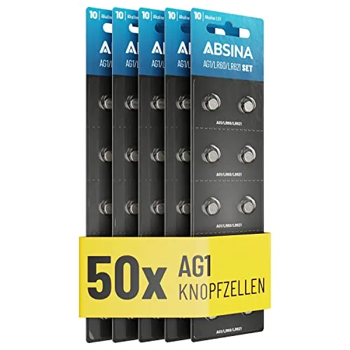 ABSINA AG1 LR621 Knopfzelle 50er Pack - 1,5V Alkaline Knopfzellen auslaufsicher & mit Langer Haltbarkeit - LR60 / SR60 / 1175S0 / 164/602 / 364 / V30 / SR621 - Knopfbatterien Batterien Batterie