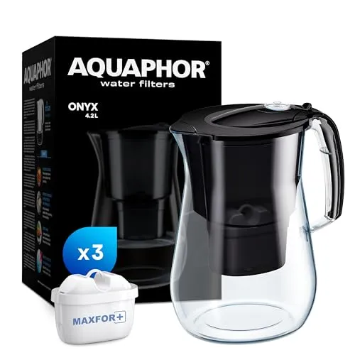 AQUAPHOR Onyx Wasserfilterkanne 4,2 l - Premium Filter für reines Trinkwasser - Filterkannen für Trinkwasser mit 4,2 l Kapazität und innovativem Design. Reduziert Chlor, Kalk und Schwermetalle, sorgt für köstliche Getränke und schont die Umwelt durch weniger Plastikverbrauch.
