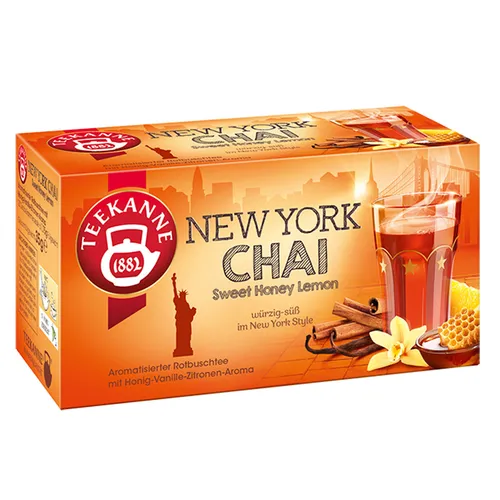 Teekanne New York Chai Tee, 20 Teebeutel, 35g - Tee-Aufgussbeutel mit hochwertiger Aromaschutzumhüllung. Würzig-süßer Chai Tee auf Rooibos-Basis mit Aromen von Zimt, Honig und Vanille für ein einzigartiges Geschmackserlebnis.