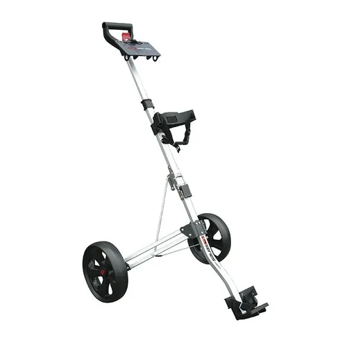 Masters 5 Series Kompakt Trolley in Silber - Der kompakte Masters 5 Series Golf Trolley ist leicht und faltbar, ideal für den Transport. Mit nur 2,7 kg und 9 Zoll Rädern bietet er einfache Manövrierbarkeit und passt perfekt zu jeder Golftasche.