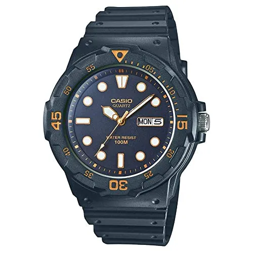 Casio MRW-200H-1E Analog Herrenuhr - Armbanduhren mit 100 Meter Wasserdichtigkeit, ideal für Taucher und Outdoor-Aktivitäten, robustes Harz-Gehäuse und -Armband, Datums- und Tagesanzeige für den täglichen Gebrauch.