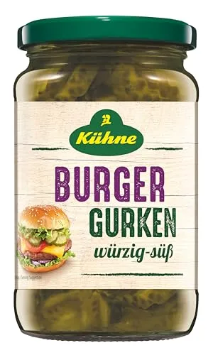 Kühne Burger Gurken, 370ml - Eingelegte Gurken für perfekte Burger, ideal für Fleischliebhaber und Veganer, in praktischen Scheiben für einfachen Genuss.