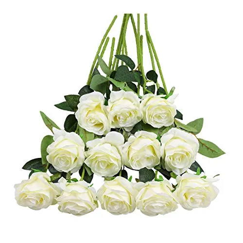 Tifuly 12 PCS Künstliche Rosen, 19,68 '' Single Long Stem Fake Rose Seide Braut Hochzeitsstrauß Realistische Blume für Hausgarten Party Hotel Büro Dekor (Blossom Roses, Weiß)