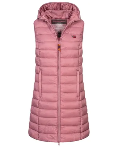 Geographical Norway Damen Steppweste mit Kapuze - Übergangs-Windbreaker in Old Pink - Damen-Westen für Herbst und Winter, nachhaltige und robuste Weste mit seitlichen Reißverschlusstaschen und coolem Design für alle Wetterbedingungen.