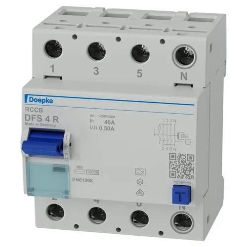 Doepke FI-Schalter DFS4 040-4/0,50-A R - Leistungsschalter für sichere Stromversorgung, mit 0,5 A Fehlerstromschutz und hoher Kurzschlussfestigkeit von 10 kA, ideal für den Einsatz in Wohn- und Gewerbeobjekten.