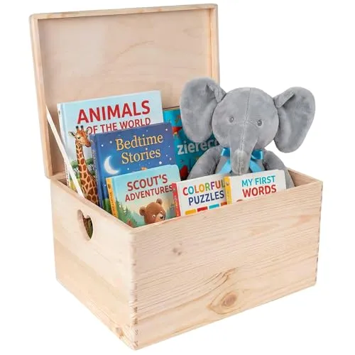 Creative Deco Aufbewahrungsbox Holzkiste mit Deckel - Aufbewahrungsbox aus Kiefernholz, ideal für Erinnerungen, mit herzförmigen Griffen und praktischem Deckel. Maße: 40x30x24 cm.