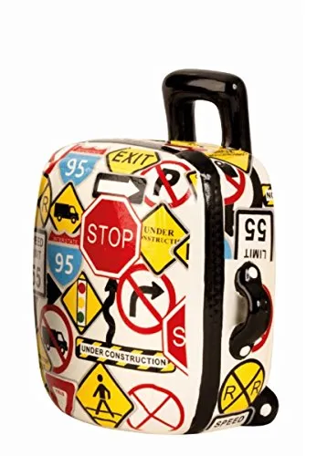 Geschenkestadl Spardose Reisekoffer Trolley Weiss Verkehrsschilder 15,5 cm hoch Auto Reise Sparbüchse