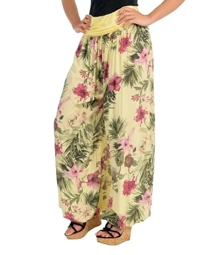 Malito - Damen Haremshose floraler Blumen Print - atmungsaktive Pumphose - dünne Freizeit Strandhose - hautfreundliche Aladinhose 8939 (hellgelb)