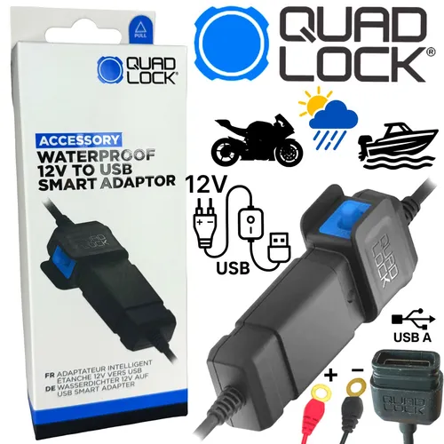 Quad Lock 12V auf USB wasserdichter Adapter - Boot-Zubehör mit IP66 wasserdichtem Gehäuse, ideal für sichere Stromversorgung von kabellosen Ladeköpfen im Fahrzeug und Vermeidung von Batterieentladung.
