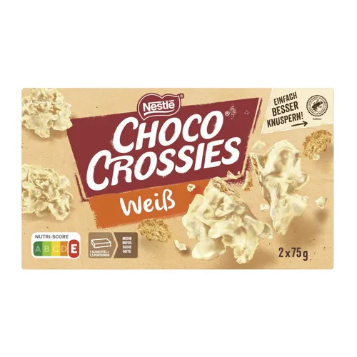 Nestlé Choco Crossies Weiße Schokolade 150g - Knusprige Schokoladen-Crossies in weißer Schokolade, ideal für den süßen Snack zwischendurch. Perfekt für Schokoladenliebhaber!