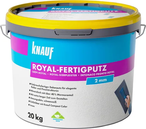 Knauf Royal-Fertigputz 20 kg - Hochwertiger Putz für perfekte Oberflächen - Putz, schneeweißer Fertigputz mit 2,0 mm Körnung für eine exzellente Verarbeitung und ideale Ergebnisse in Neubauten oder Renovierungen.