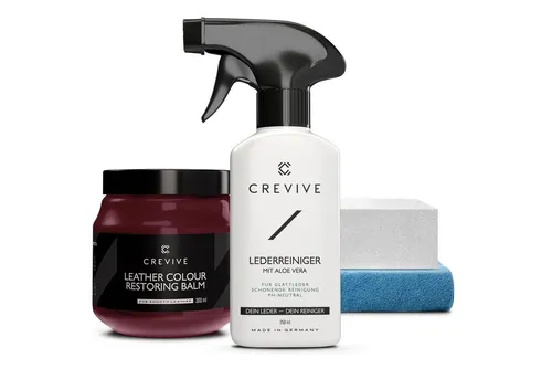 CREVIVE Lederpflegeset 4-teilig – Effektive Lederpflege für alle Lederarten - Umfassendes Pflege-Set für Echtleder: 300 ml Lederbalsam und 250 ml Lederreiniger mit Aloe Vera. Ideal für Sofas, Jacken und Taschen. Inklusive Schwamm und Tuch für einfache Anwendung.