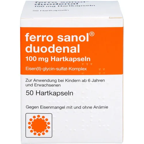 Ferro Sanol Duodenal 100 mg Hartkapseln - Eisenpräparat - Arzneimittel zur Behandlung von Eisenmangel und Eisenmangelanämie, besonders während der Schwangerschaft und Stillzeit. Minimiert Magen-Darm-Schleimhautschäden durch spezielle Darreichungsform.