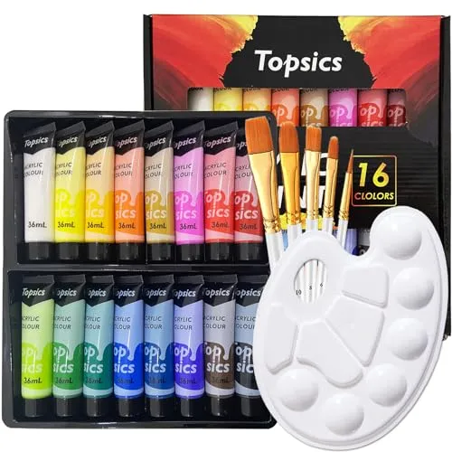 Topsics 36ML Acrylfarben Set, 16 Tuben 36ml Acryl Farben Bastelfarbe Set mit 5 Pinseln und 1Mischpalette, NON-TOXIC AcrylfarbenSet für Anfänger, Acrylic Paint für Papier, Stein, Holz