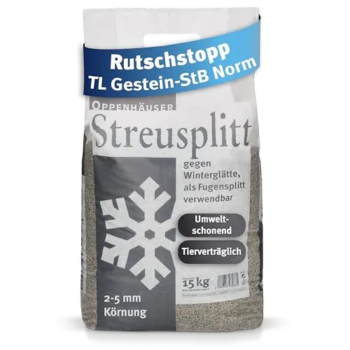 OPPENHÄUSER Diabas Streusplitt 15kg 2-5mm Körnung: sofort rutschhemmend, umweltschonendes Streugranulat für sichere Straßen & Parkflächen, Pflastersplitt, TL Gestein-StB Norm, Premium Qualität