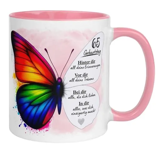Geburtstag Frauen Geschenk Tasse | Schmetterling – Hinter dir Erinnerungen - vor dir Träume | Lustige Geschenk Geburtstagstasse Spruch 65. Geburtstag | 65ter Geburtstag - Geburtstagsgeschenk Frau 65
