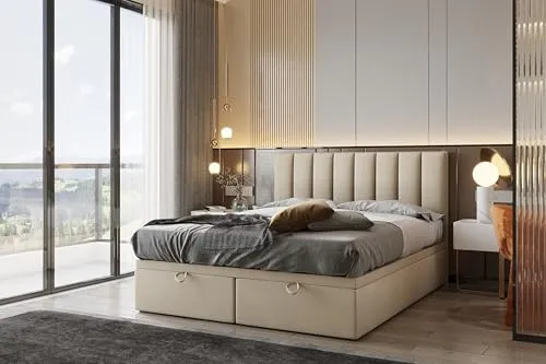 TRADA Bond Boxspringbett 200x200 mit Stauraum - Beige Boxspringbett mit 9-Komfortzonen Taschenfederkernmatratze und Bettkasten für optimalen Stauraum. Hochwertiger Veloursstoff für einfache Pflege und langlebigen Komfort.