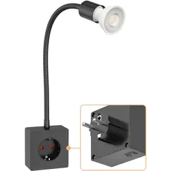 Ledscom.de Steckdosenlampe LESCH Leselampe mit GU10 LED, chrom/schwarz - Moderne Steckdosenlampe mit integrierter Schuko-Steckdose und schwenkbarem Schwanenhals für flexible Beleuchtung. Ideal für Räume mit wenigen Steckdosen. Energieeffizient mit 5,8W und 468lm.