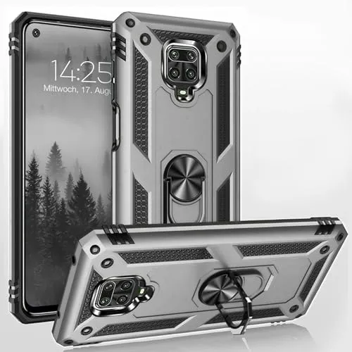 LBH Outdoor Hülle für Xiaomi Redmi Note 9 Pro Armor Militär Stoßfest Handyhülle 360 Grad Metal Ring Halter Ständer Schutzhülle für Handyhalterung Auto Magnet Silber