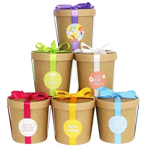 Papierdrachen 6 dekorative Osternester zum Befüllen - Naturbraune Becher mit Deckeln und buntem Satinband - Komplettset aus Pappe - Osterdeko mit Aufklebern - Osterkörbchen als Box