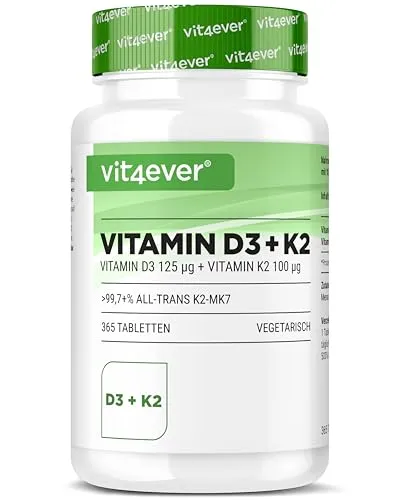 Vitamin D3 + K2 Depot - 365 Tabletten - Vitamin D Präparate mit 5000 I.E. Vitamin D3 und 100 µg K2VITAL® pro Tablette, laborgeprüft und ohne unerwünschte Zusatzstoffe für optimale Bioverfügbarkeit.
