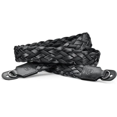 Leica Kameragurt flachgeflochten schwarz 14696 - Eleganter flachgeflochtener Kameragurt von Leica in Schwarz, gefertigt aus strapazierfähigem Rayon und edlem Rindsnappaleder. Ideal für stilvolles Tragen Ihrer Kamera mit einem angenehmen Tragegefühl.
