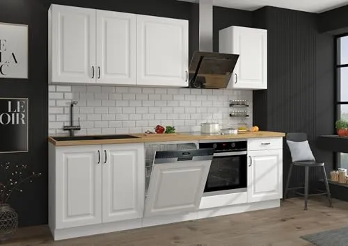 Landhaus Küche Stilo Weiß 250 cm Küchenzeile - Küchenzeilen im modernen Landhausstil, viel Stauraum und ideal für Ihre Küchenutensilien. Perfekte Kombination aus Funktionalität und Ästhetik.