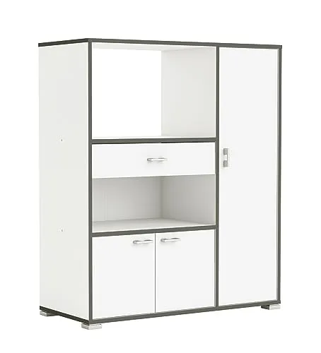 möbelando Küchenbuffet >Buzz< in Matt weiß - 90x107,4x40cm - Unterschrank fürs Bad mit modernem Küchenbuffet BUZZ, bietet flexiblen Stauraum und elegante Optik in Mattweiß und Grau, ideal für jede Küche.
