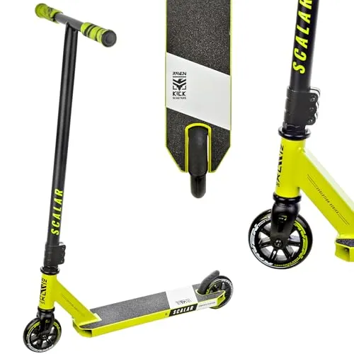 RAVEN Stunt Scooter Scalar Lime 100mm für Tricks - Der RAVEN Scalar Stunt-Scooter bietet eine stabile T-Shape-Lenkstange und robuste 100mm PU-Räder für optimale Kontrolle. Ideal für Tricks und sichere Fahrten, geeignet für Kinder und Erwachsene bis 100 kg.