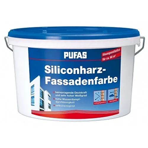 Pufas Siliconharz Fassadenfarbe 10L - Schlagregendicht mit Abperleffekt - Lacke für Außenanwendungen, UV-beständig und matt, ideal für Betonflächen. Deckt ca. 6-8m² pro Liter und trocknet schnell in 2-4 Stunden.