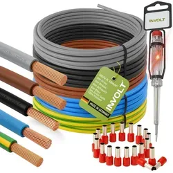 INVOLT H07V-K 10 mm² Stromkabel Set – 5x 5m Einzeladern mit Aderendhülsen - Professionelles Kabelset mit 5x 5m Einzeladern in Schwarz, Blau und Grün-Gelb. Inklusive 100 Aderendhülsen für eine sichere Verbindung und optimale Stromübertragung bei elektrischen Installationen.