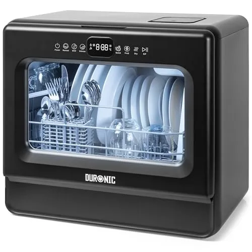 Duronic DW10 BK Mini Geschirrspüler für 6 Personen - Kompakter Tischgeschirrspüler mit 5 Programmen für effiziente Reinigung in kleinen Küchen oder beim Camping. Geringer Wasserverbrauch und einfache Bedienung machen ihn ideal für Singles und kleine Haushalte.