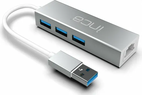 INCA USB-Hub X4 mit Ethernet RJ45 - Vielseitiger USB-Hub mit 4 USB 3.0-Anschlüssen und einem Ethernet RJ45-Anschluss für schnelle Netzwerkverbindungen. Robustes Aluminiumgehäuse schützt vor Spannungsschwankungen und bietet Sicherheit durch integrierten Kurzschlussschutz.