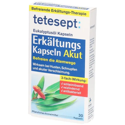 Tetesept Eukalyptusöl Kapseln Akut - Praktische Kapseln für die Unterstützung der Atemwege bei Erkältungen. Mit natürlichem Eukalyptusöl zur Linderung von Husten und zur Befreiung der Atemwege. Ideal für den täglichen Einsatz.
