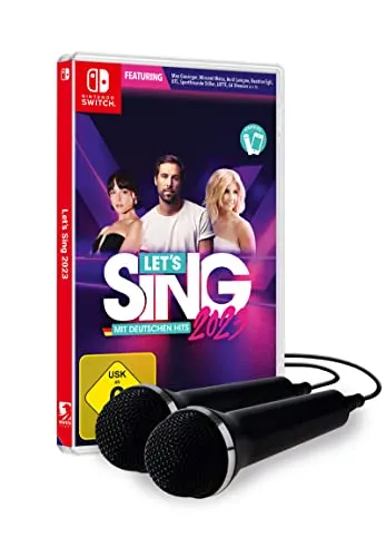 Let's Sing 2023 German Version mit 2 Mics für Nintendo Switch - Spiele für Nintendo Switch, erlebe den Let's Party-Modus mit bis zu 8 Spielern und performe 30 spannende Songs, inklusive Online-Duellen und zwei hochwertigen Mikrofonen.