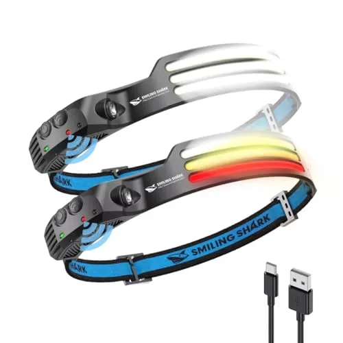 Smiling Shark Stirnlampe, 230°Wide Angle 3*Farben LED-Streifen 2 Stück Headlight Wiederaufladbar mit Wasserdichte Kopflampe Camping Joggen Angeln, Stirnlampe-LED-Headlight-Camping-Kopflampe