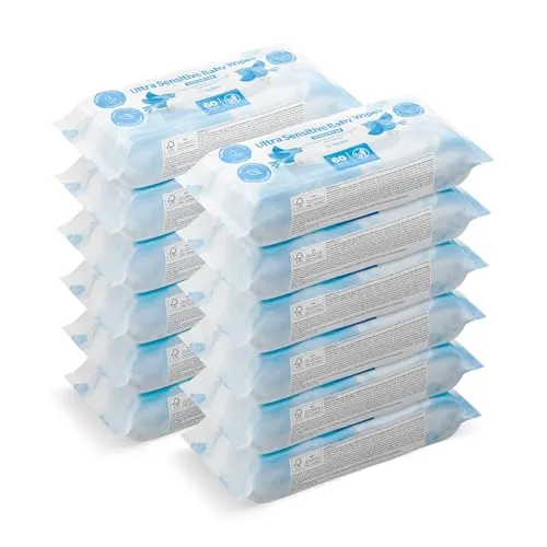 by Amazon Ultrasensitive Babyfeuchttücher, 100% pflanzliche Fasern, 99% Wasser, 720 Tücher, Unparfümiert, 12 Packungen à 60 Stück