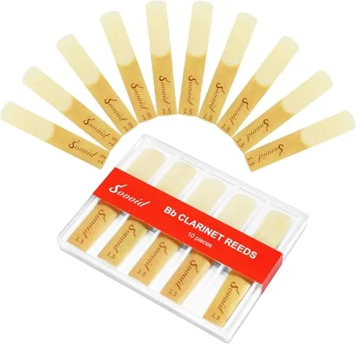 Sovvid 10er-Pack Bb-Klarinettenblättchen mit Kunststoffbox, Stärke 1,5 Blättchen für Klarinette, dünnerer Blattspitze & ungeschliffener Schnitt für einfaches Spielen, traditionelle Blätter für