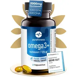 Purefitness OMEGA 3+ Fischöl Kapseln - Nahrungsergänzungsmittel mit 120 Kapseln, reich an Omega-3-Fettsäuren für Herz und Gelenke, ideal für eine gesunde Ernährung.