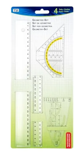 TSI Geometrie-Set 4-tlg., mit Lineal 17 cm + 30 cm, Parabel und Geodreieck 16 cm, Transparent, aus Glasklarem Kunststoff, Art. Nr. 46294