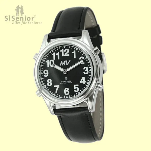 Marschall Deutsch sprechende Damen Funk-Armbanduhr I 1138SL I Für Blinde, Senioren und Sehbehinderte I Datum- und Zeitansage I Extra große Zeiger I Schwarzes Lederarmband