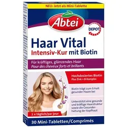 Abtei Haar Vital Intensiv-Kur mit Biotin - Nahrungsergänzung für die tägliche Unterstützung gesunder Haare. Enthält Zink und B-Vitamine, einfach einzunehmen – ideal für eine ausgewogene Ernährung.