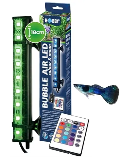 HOBBY Aquaristik Bubble Air LED Colour & Moon I 18 cm I Ausströmerleiste mit LED-Beleuchtung & Fernbedienung I Stimmungslicht & Sauerstoffversorgung im Aquarium I RGB Mondlicht mit Memory-Funktion