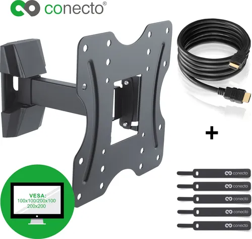 conecto CC50269 Wandhalterung für TV Geräte mit 58-107 cm (23-42 Zoll), neigbar: -10° bis 3°, schwenkbar: -90° bis 90°, Wandabstand: 56-205mm, Traglast: max. 25,0kg, VESA 200x200, schwarz, inkl. GRATIS HDMI-Kabel und Klett-Kabelbinder