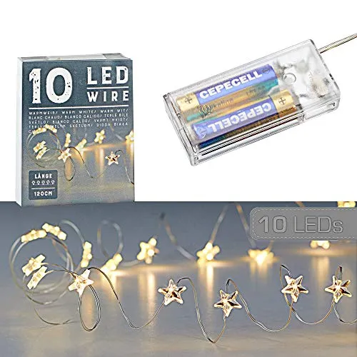 Cepewa Mikro Draht Lichterkette Stern warmweiß silber Batterie Deko Beleuchtung Weihnachten (1 x 10 LED Stern Mikro-Draht Lichterkette)